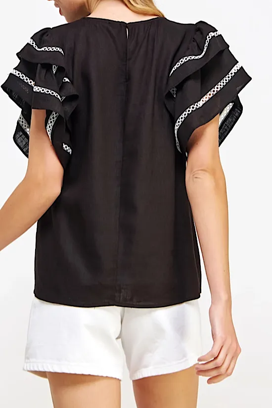 FINAL SALE: Double Ruffle Sleeve Top with White Trim
