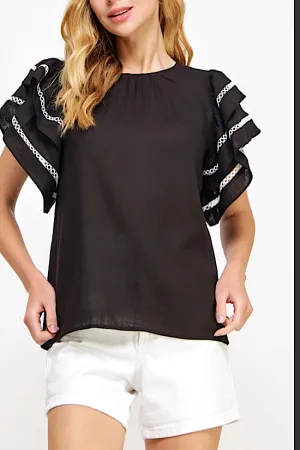 FINAL SALE: Double Ruffle Sleeve Top with White Trim