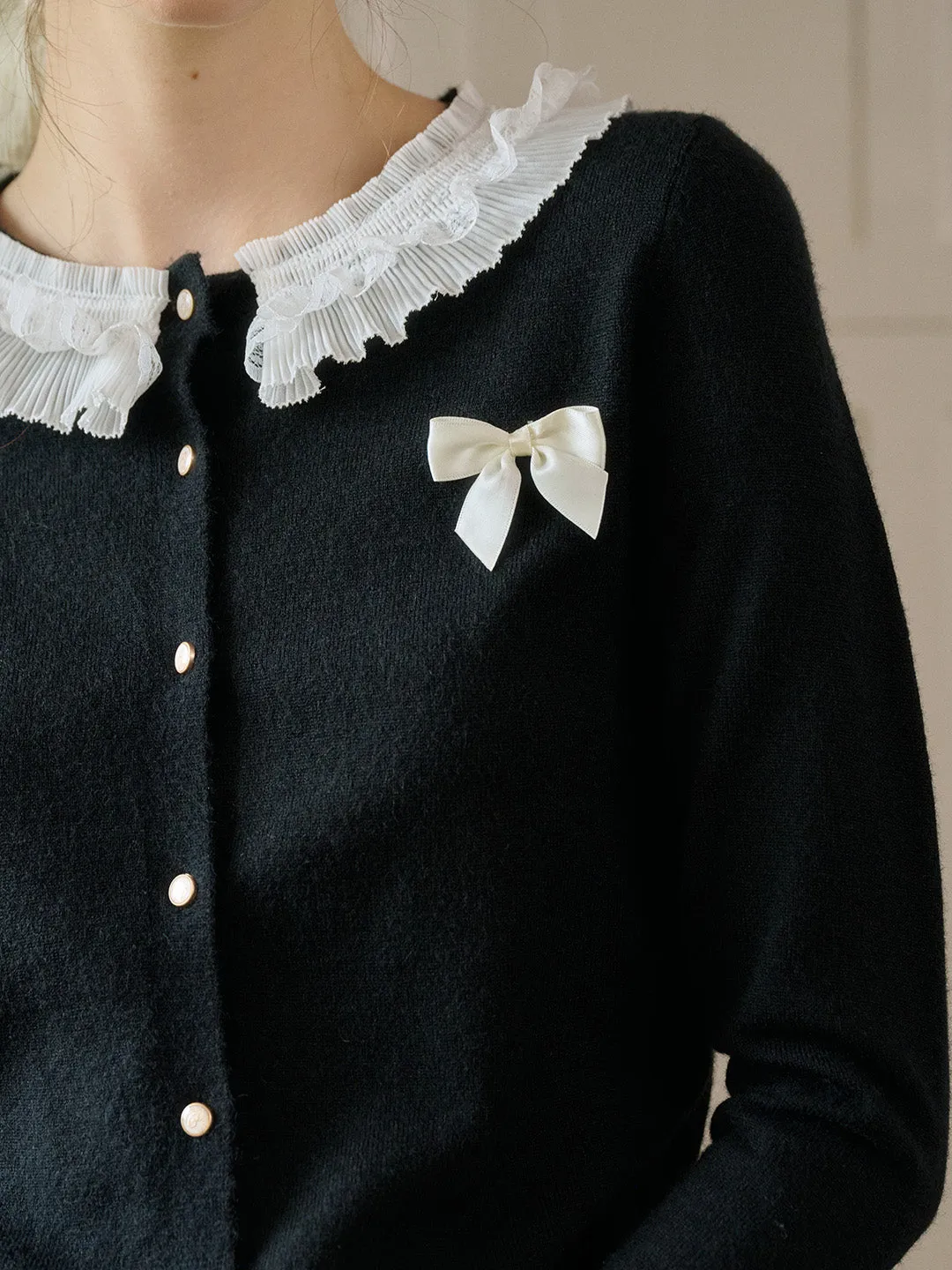 【Final Sale】Ruby Lace Lapel Contrasting Bow Cardigan - Purple