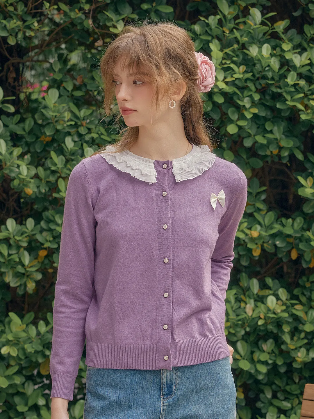 【Final Sale】Ruby Lace Lapel Contrasting Bow Cardigan - Purple