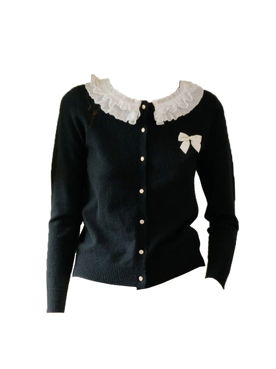 【Final Sale】Ruby Lace Lapel Contrasting Bow Cardigan - Purple