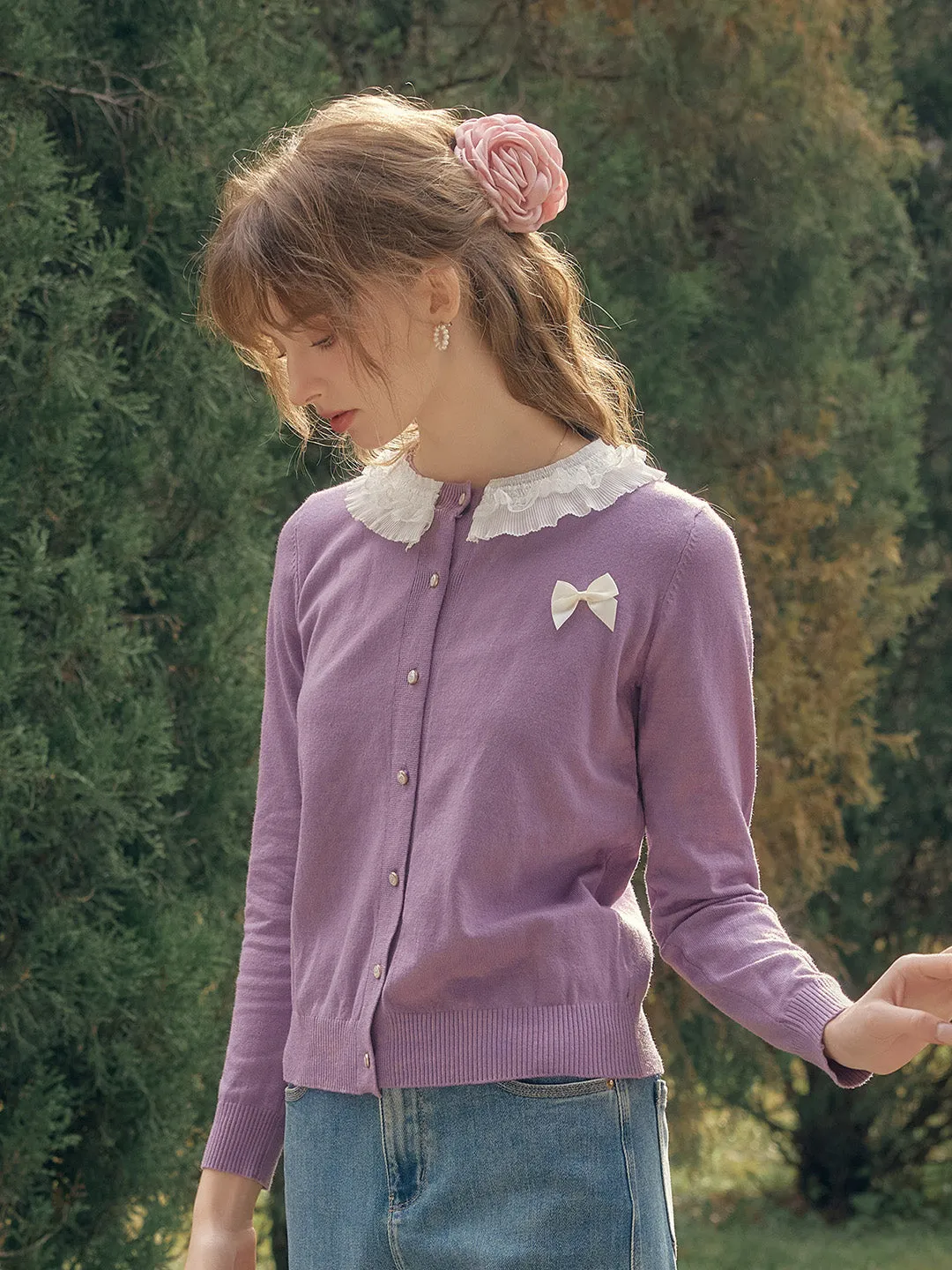 【Final Sale】Ruby Lace Lapel Contrasting Bow Cardigan - Purple