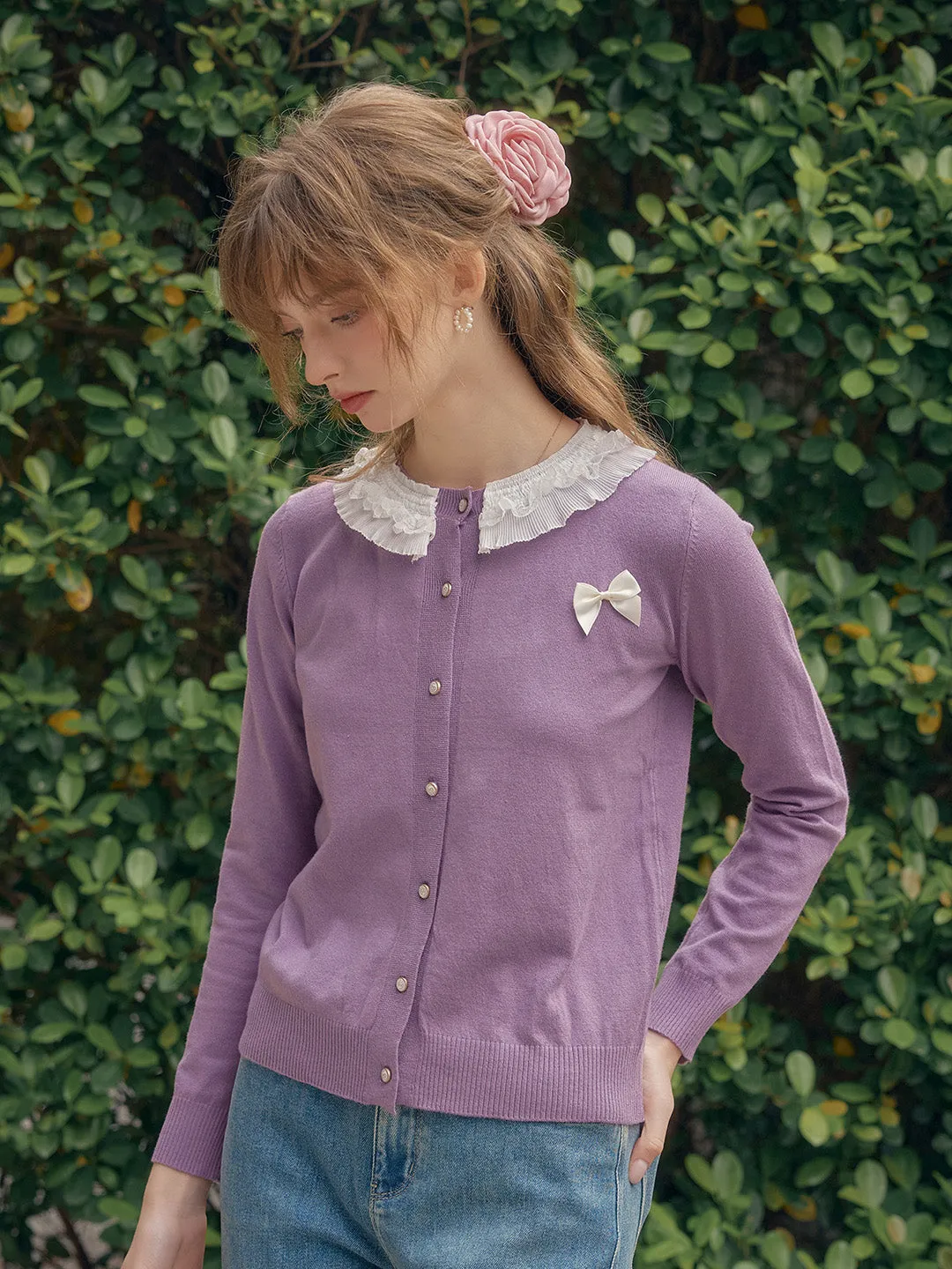 【Final Sale】Ruby Lace Lapel Contrasting Bow Cardigan - Purple