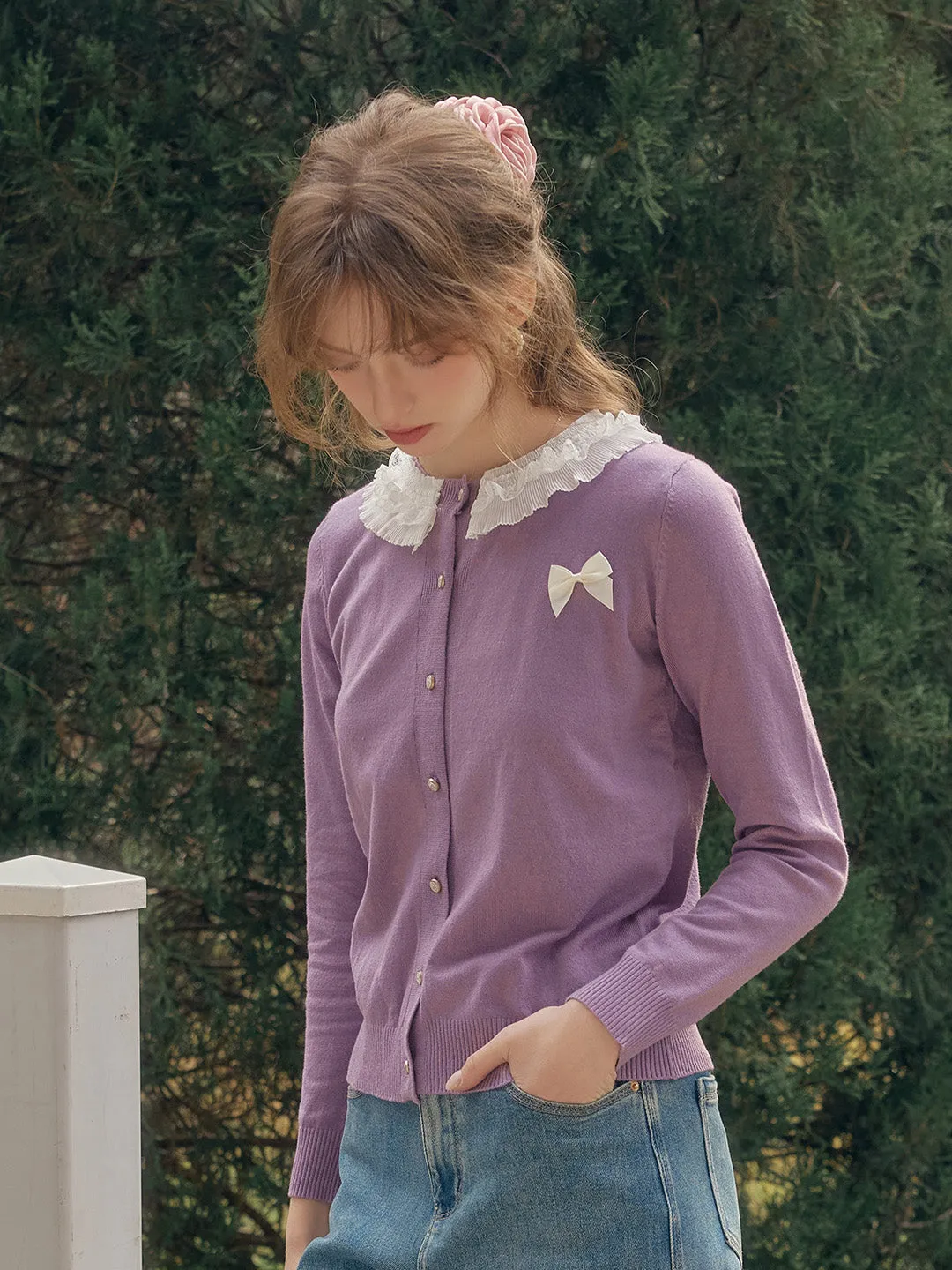 【Final Sale】Ruby Lace Lapel Contrasting Bow Cardigan - Purple