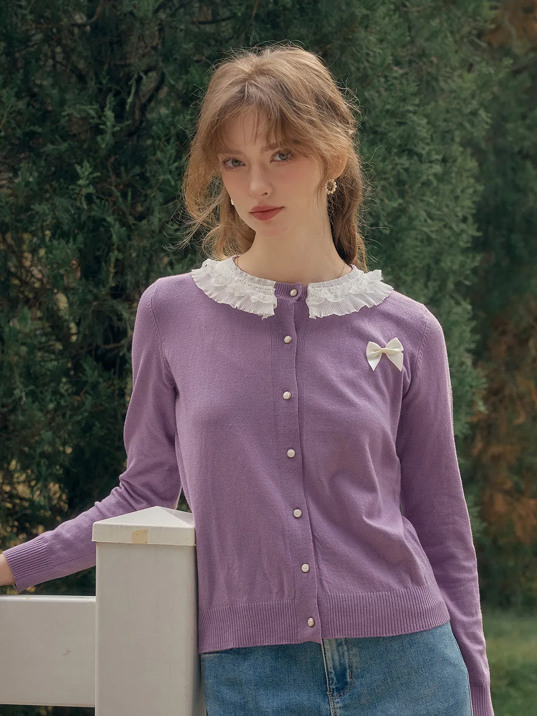 【Final Sale】Ruby Lace Lapel Contrasting Bow Cardigan - Purple