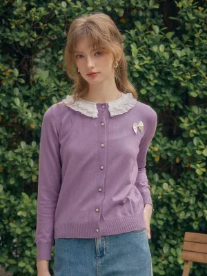 【Final Sale】Ruby Lace Lapel Contrasting Bow Cardigan - Purple