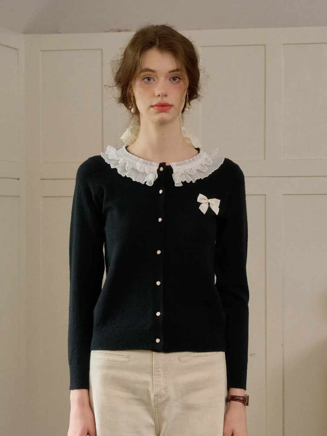 【Final Sale】Ruby Lace Lapel Contrasting Bow Cardigan - Purple
