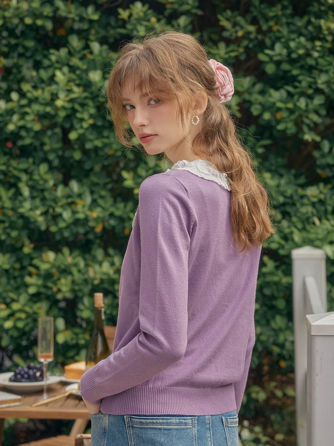 【Final Sale】Ruby Lace Lapel Contrasting Bow Cardigan - Purple