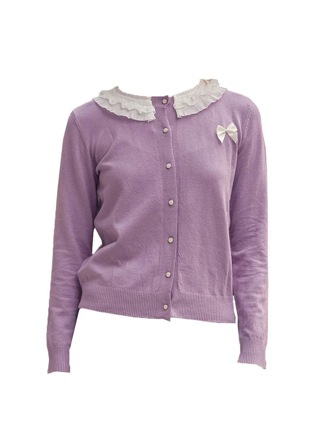 【Final Sale】Ruby Lace Lapel Contrasting Bow Cardigan - Purple