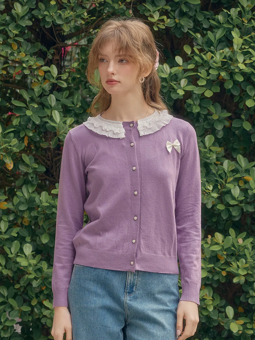【Final Sale】Ruby Lace Lapel Contrasting Bow Cardigan - Purple
