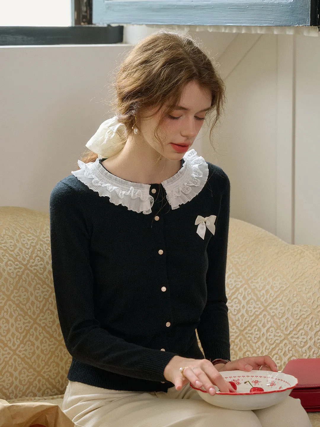 【Final Sale】Ruby Lace Lapel Contrasting Bow Cardigan - Purple