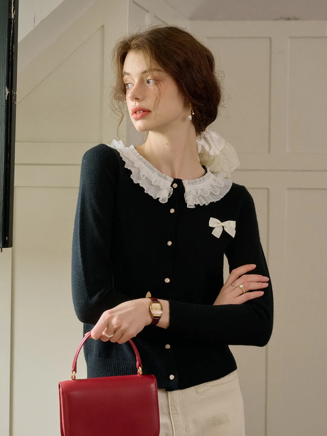 【Final Sale】Ruby Lace Lapel Contrasting Bow Cardigan - Purple