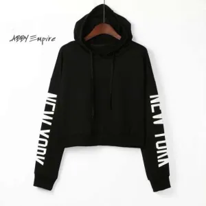 Fleece Cotton Printed NEW YORK Crop Hoodie For Womens1