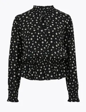 Floral High Neck Long Sleeve Peplum Blouse