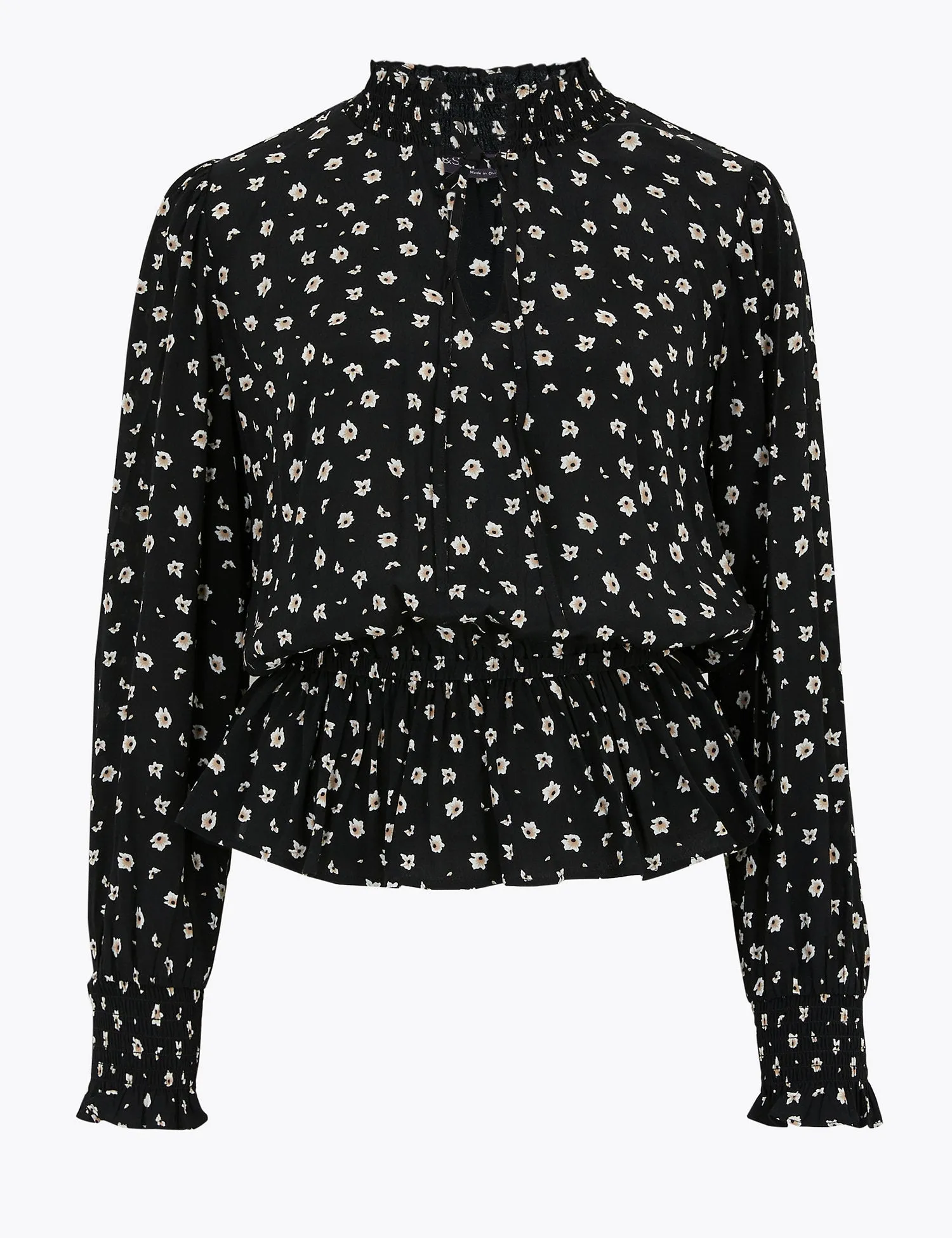 Floral High Neck Long Sleeve Peplum Blouse