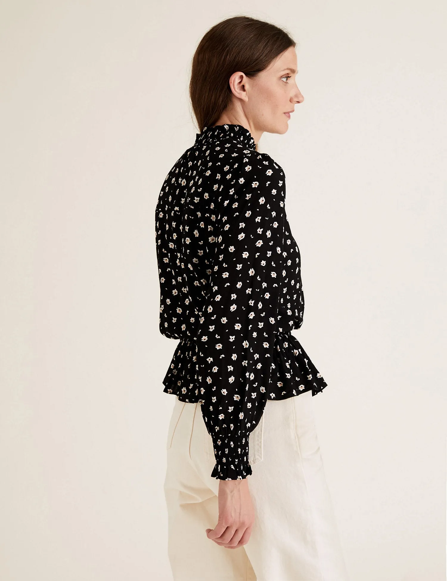 Floral High Neck Long Sleeve Peplum Blouse