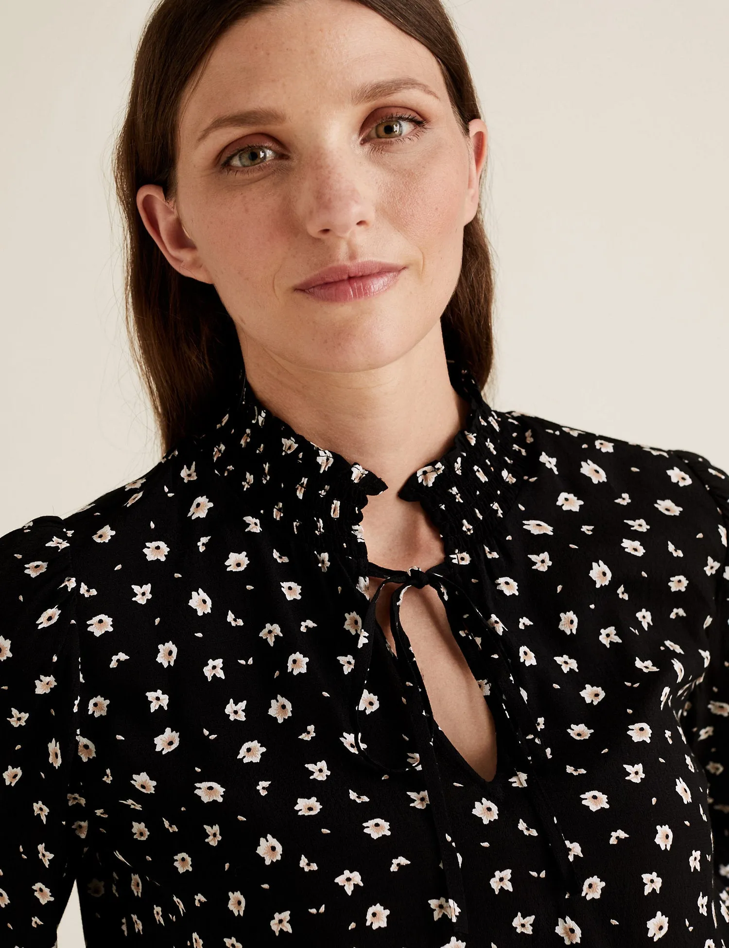 Floral High Neck Long Sleeve Peplum Blouse