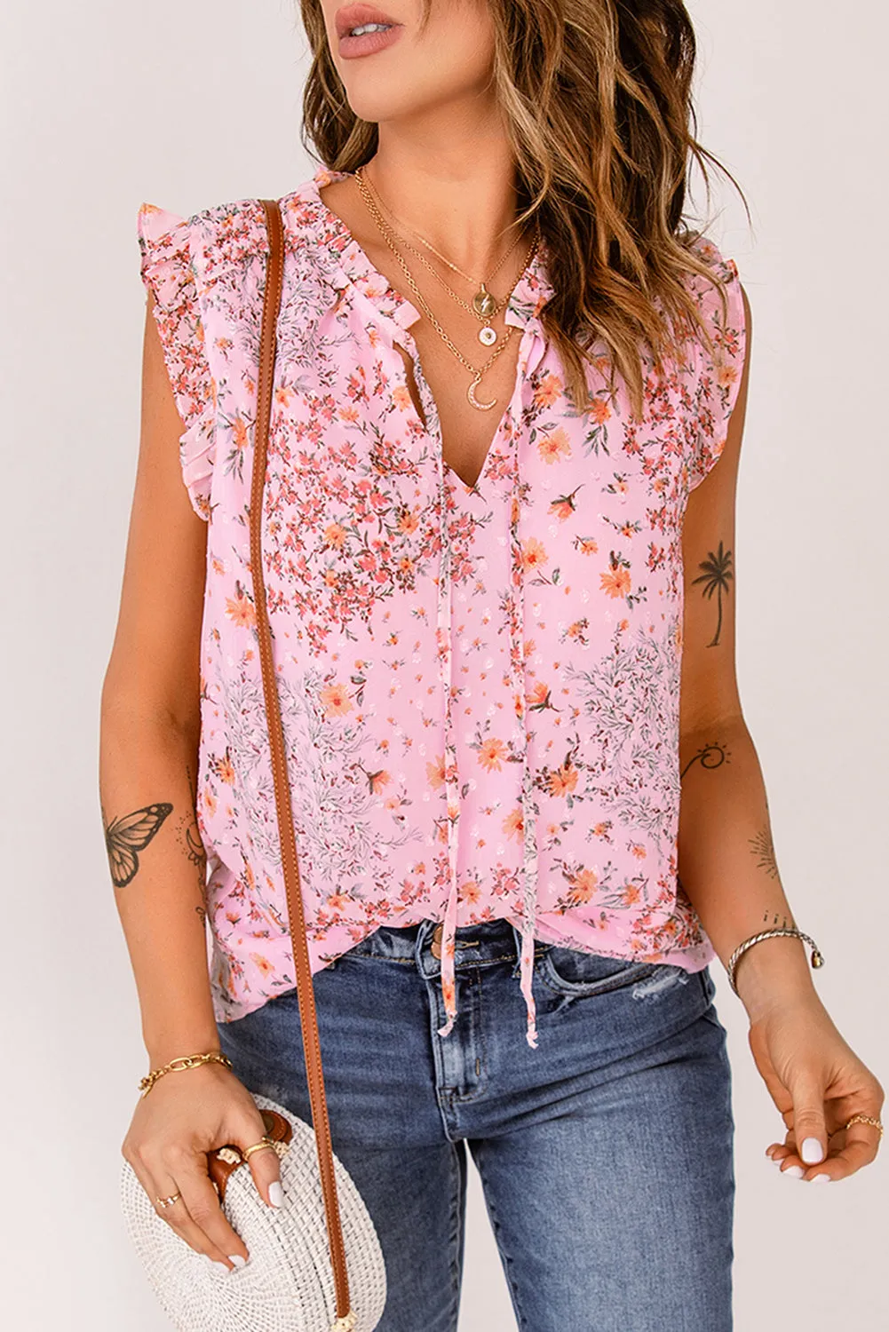 Floral Print Frill Trim Sleeveless Top