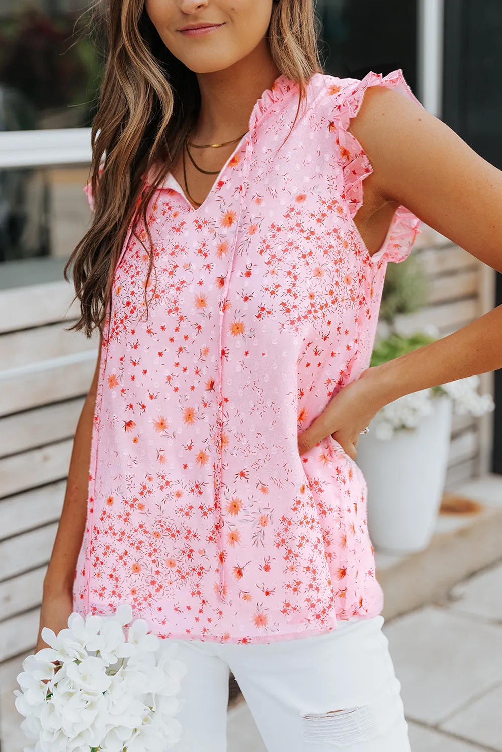 Floral Print Frill Trim Sleeveless Top