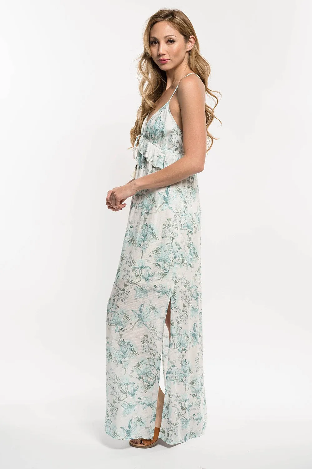 Floral Print Sleeveless Plunge V Neck Maxi Dress