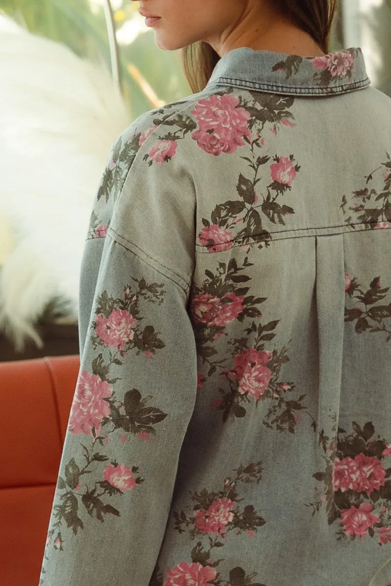 Flower Printed Denim Button Up Shirt