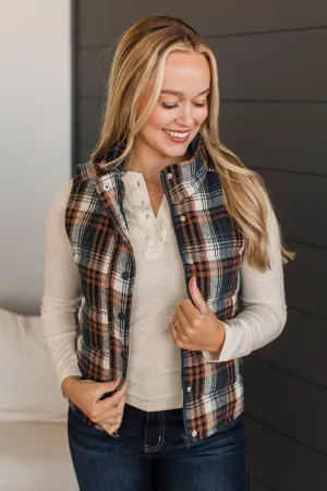 For You Always Plaid Puffer Vest- Navy & Orange