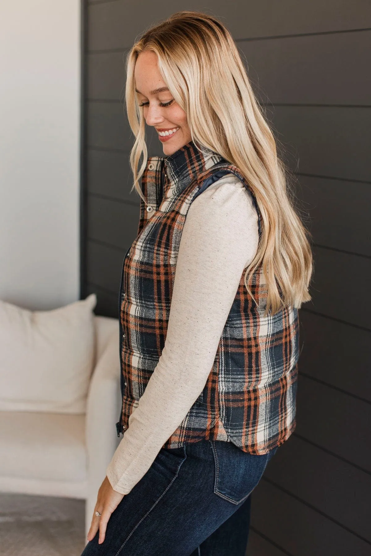 For You Always Plaid Puffer Vest- Navy & Orange