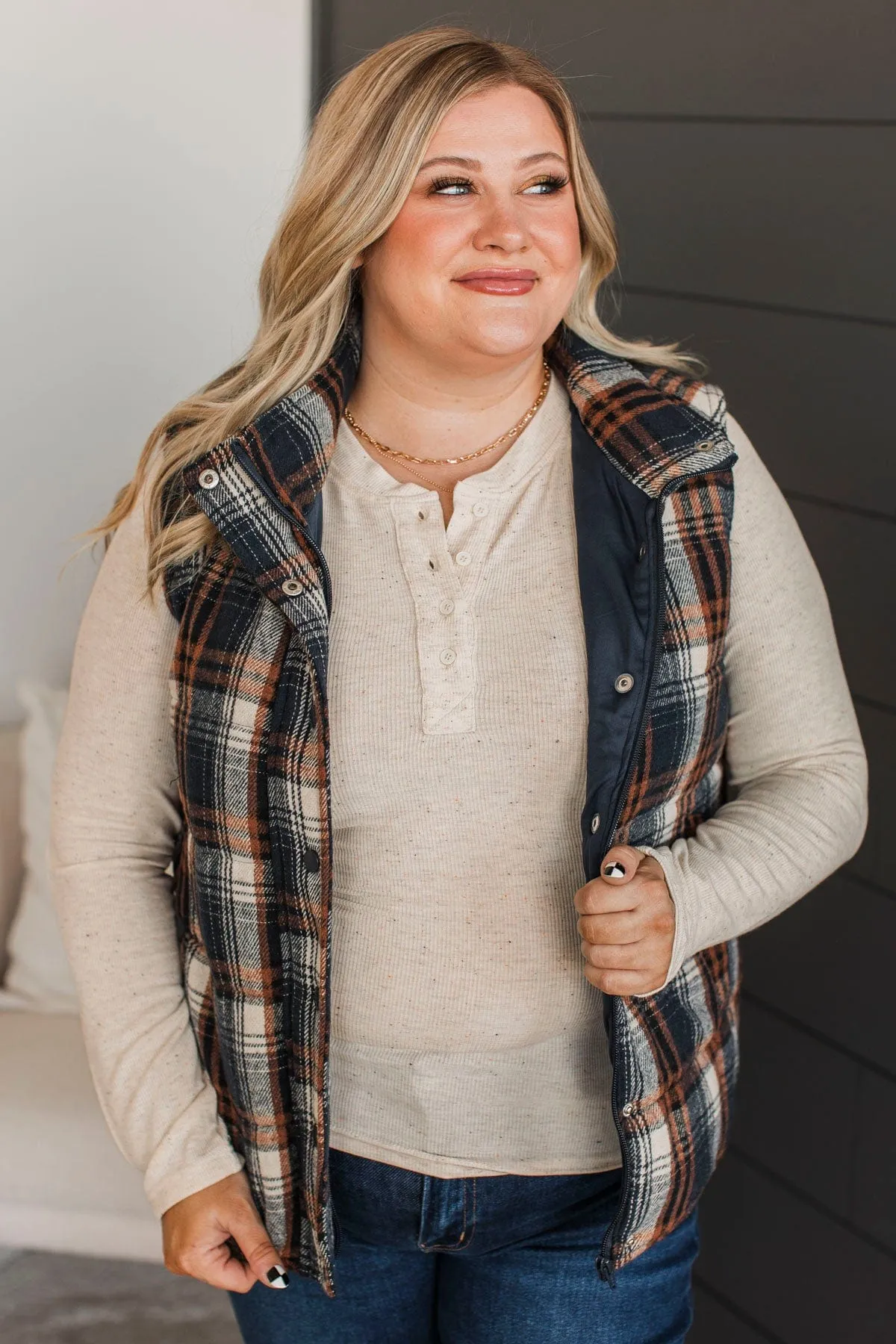 For You Always Plaid Puffer Vest- Navy & Orange