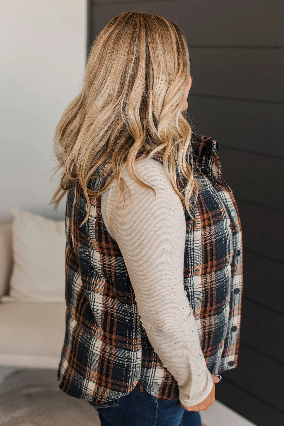 For You Always Plaid Puffer Vest- Navy & Orange