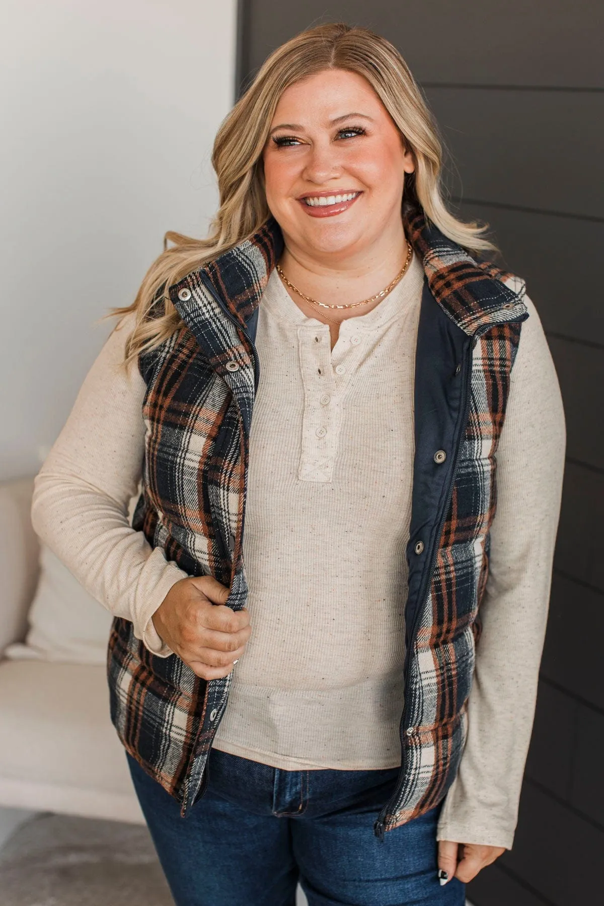 For You Always Plaid Puffer Vest- Navy & Orange