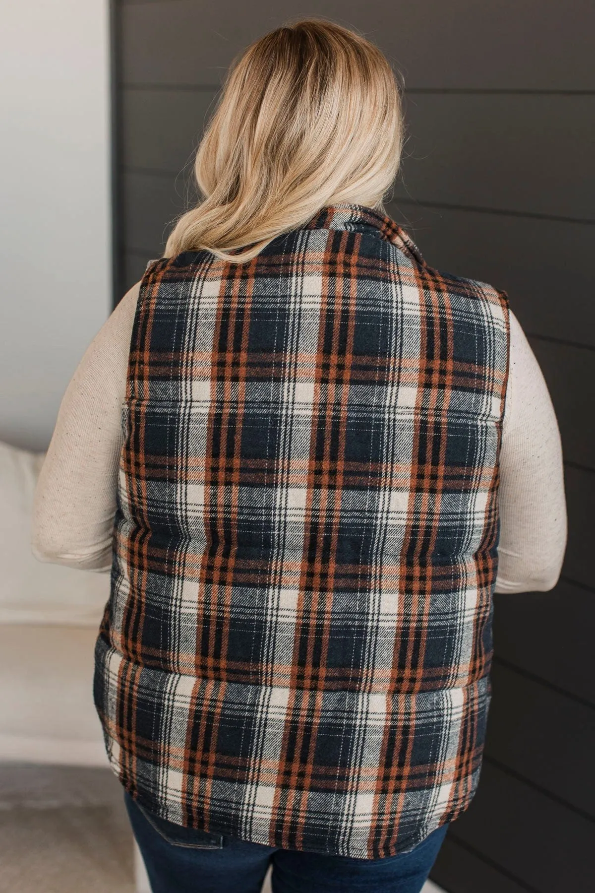 For You Always Plaid Puffer Vest- Navy & Orange