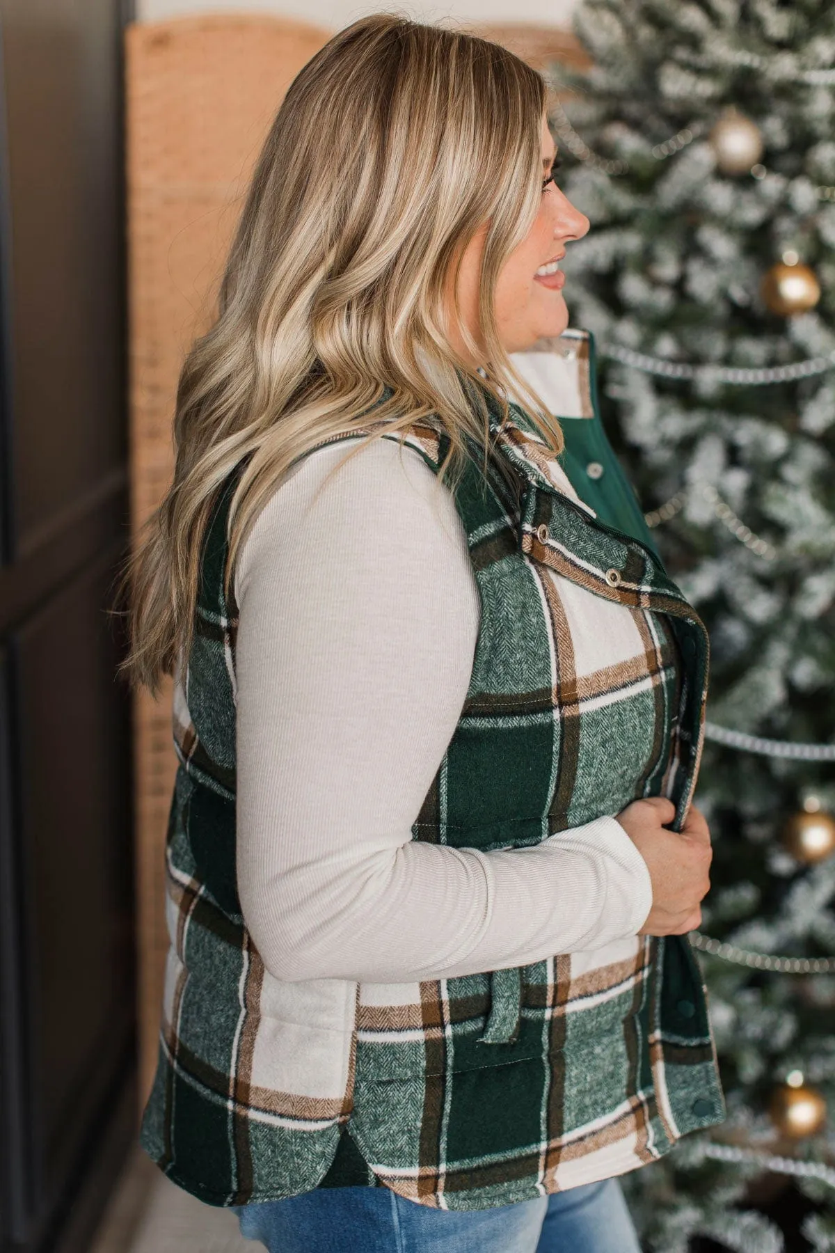 For You Always Plaid Puffer Vest- Wintergreen