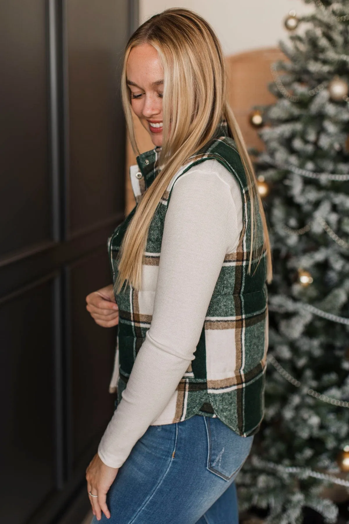 For You Always Plaid Puffer Vest- Wintergreen