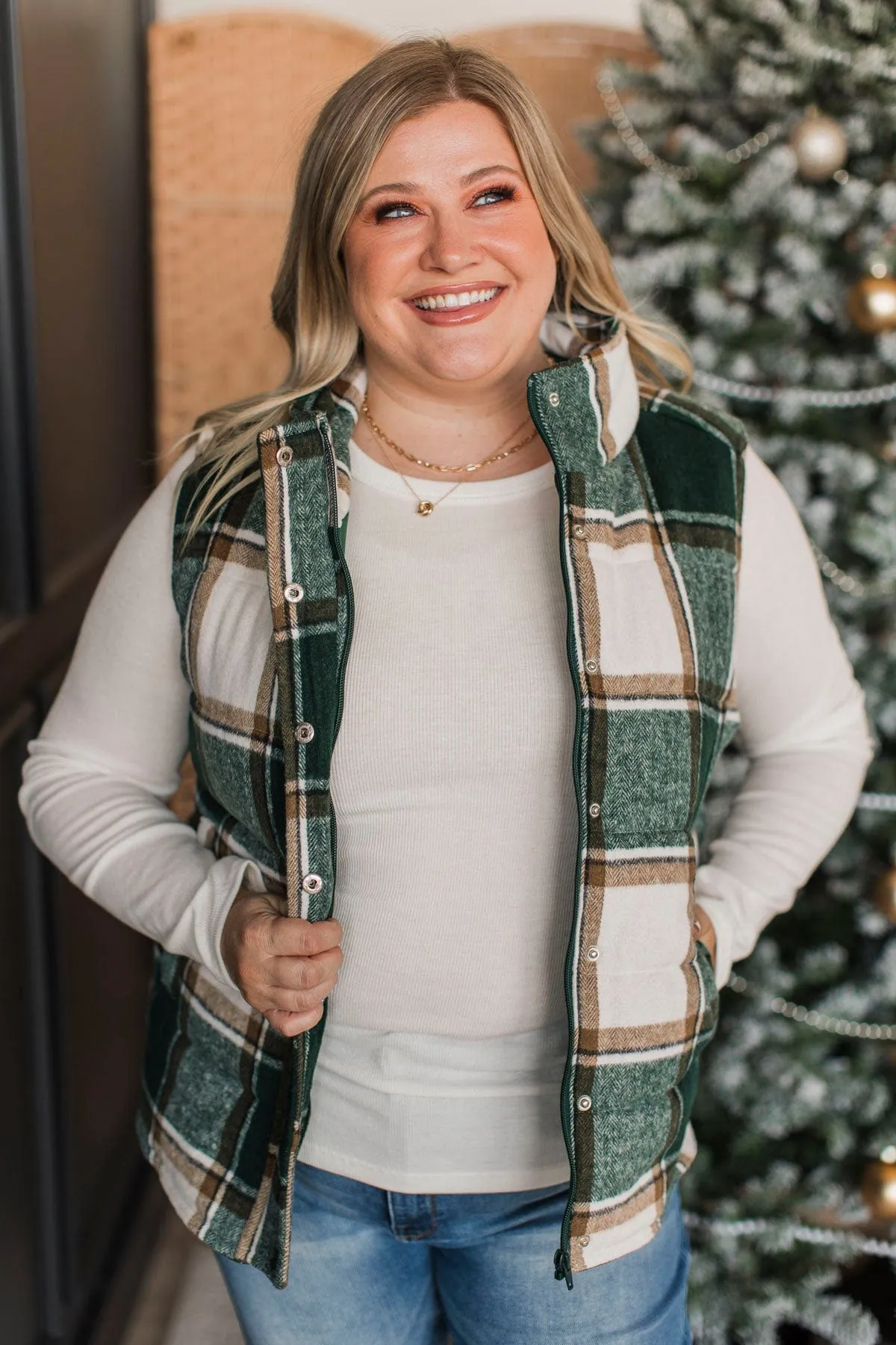 For You Always Plaid Puffer Vest- Wintergreen
