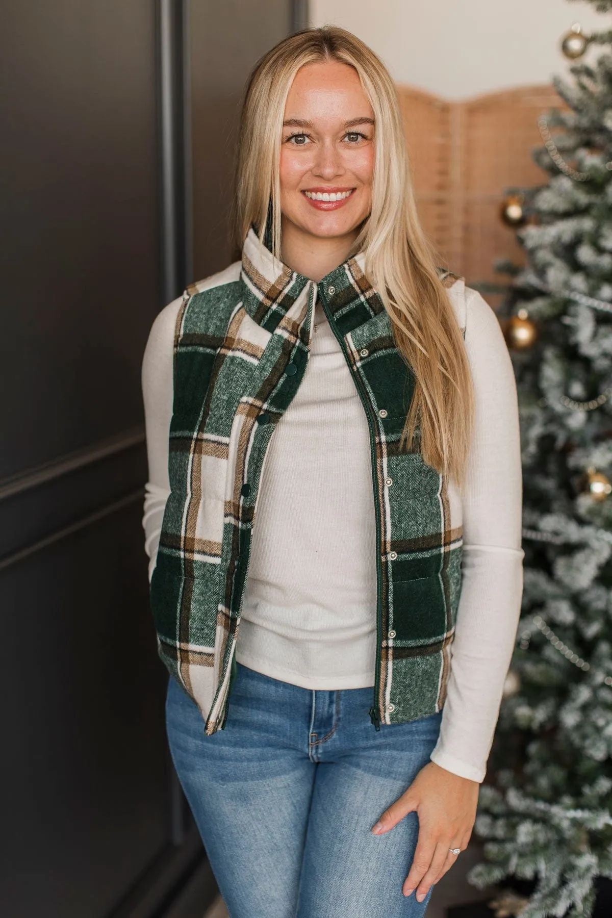 For You Always Plaid Puffer Vest- Wintergreen