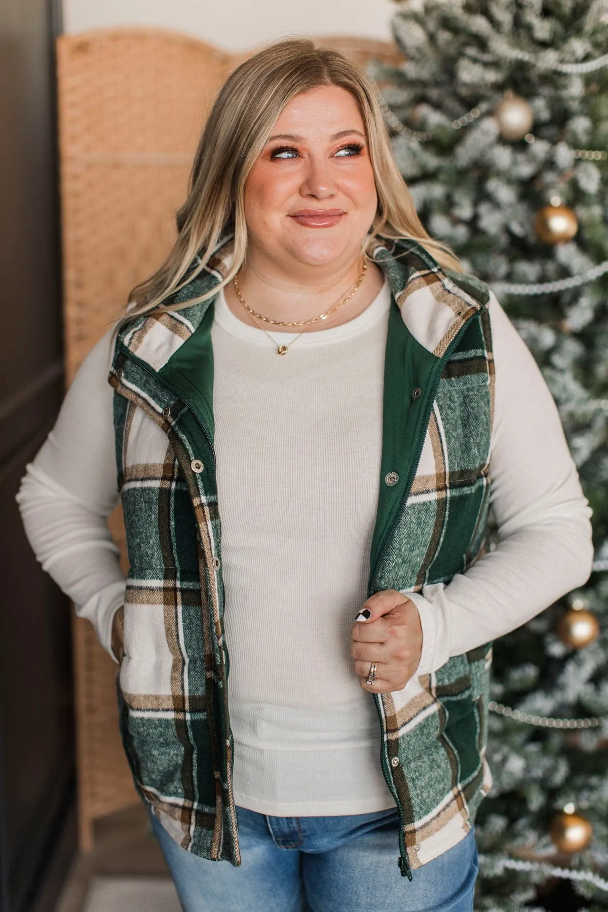 For You Always Plaid Puffer Vest- Wintergreen