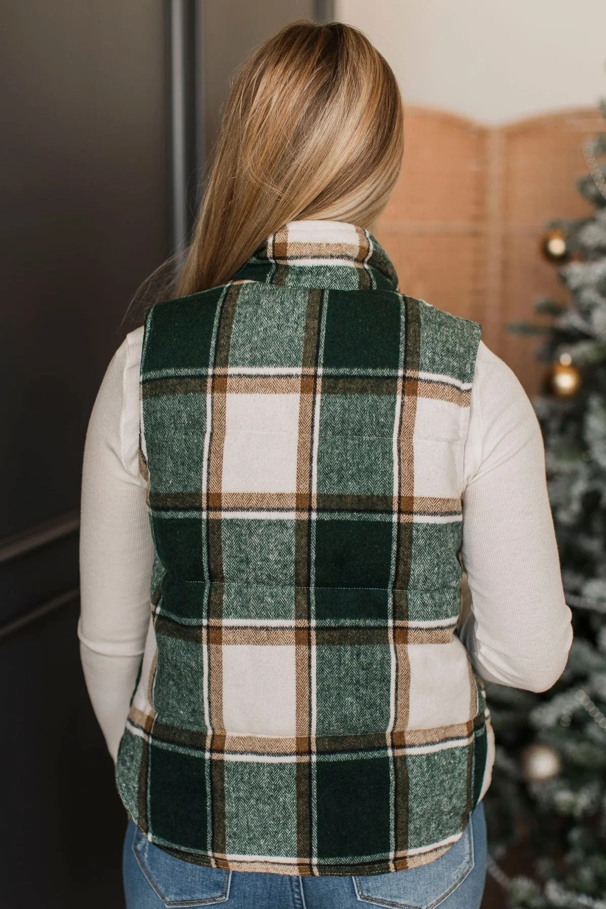 For You Always Plaid Puffer Vest- Wintergreen