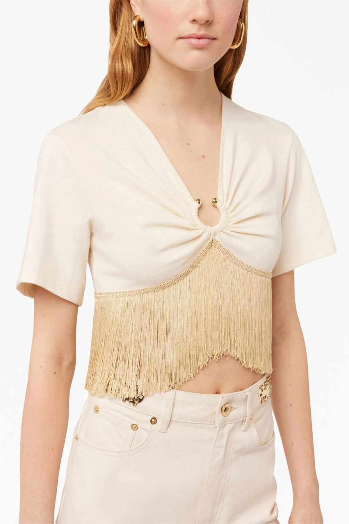 Fringed-Trimmed Cropped T-Shirt in Nude