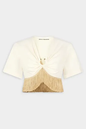 Fringed-Trimmed Cropped T-Shirt in Nude