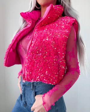 Frosted Glam Sequin Puffer Vest - Fuchsia