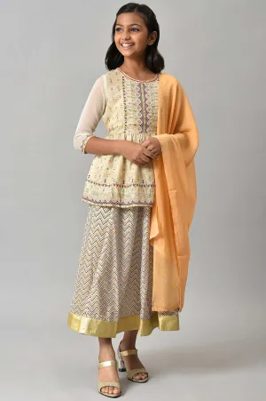 Girls Beige Floral Peplum Top With Skirt And Orange Dupatta