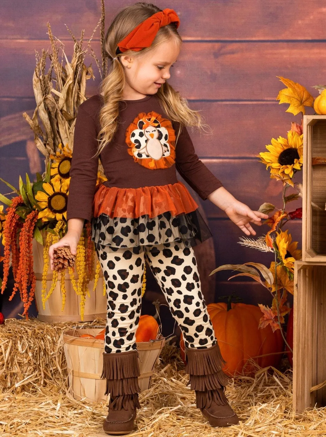 Girls Leopard Turkey Ruffled Peplum Tunic and Leggings Set