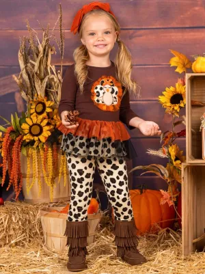 Girls Leopard Turkey Ruffled Peplum Tunic and Leggings Set