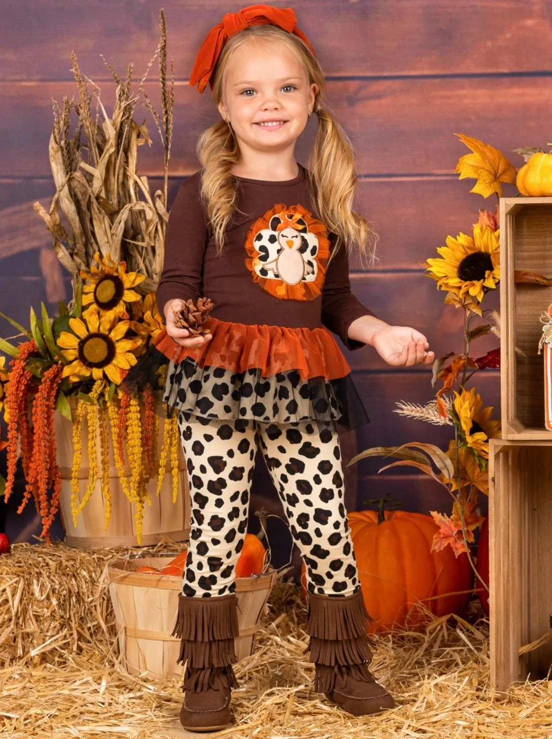 Girls Leopard Turkey Ruffled Peplum Tunic and Leggings Set