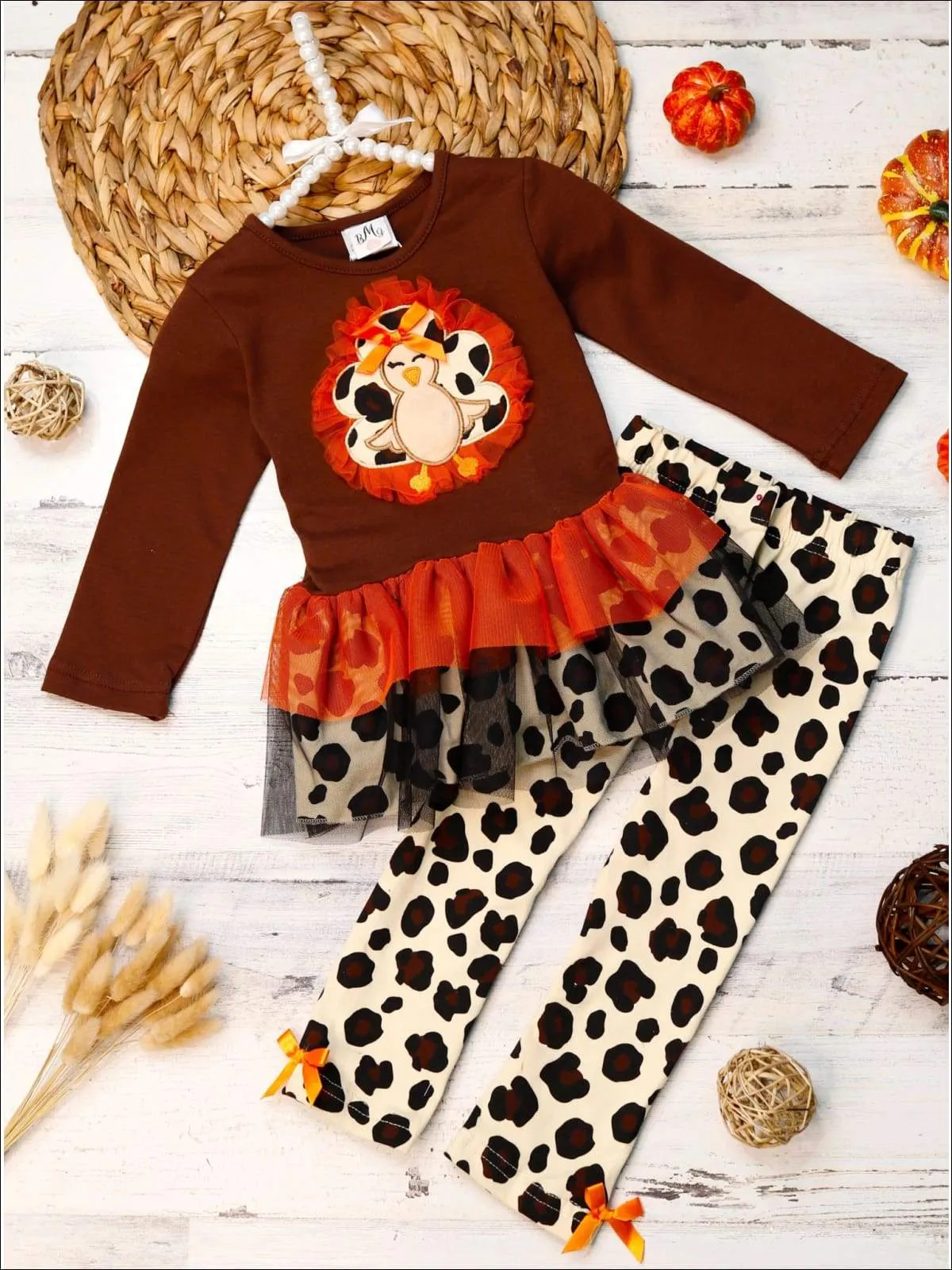 Girls Leopard Turkey Ruffled Peplum Tunic and Leggings Set