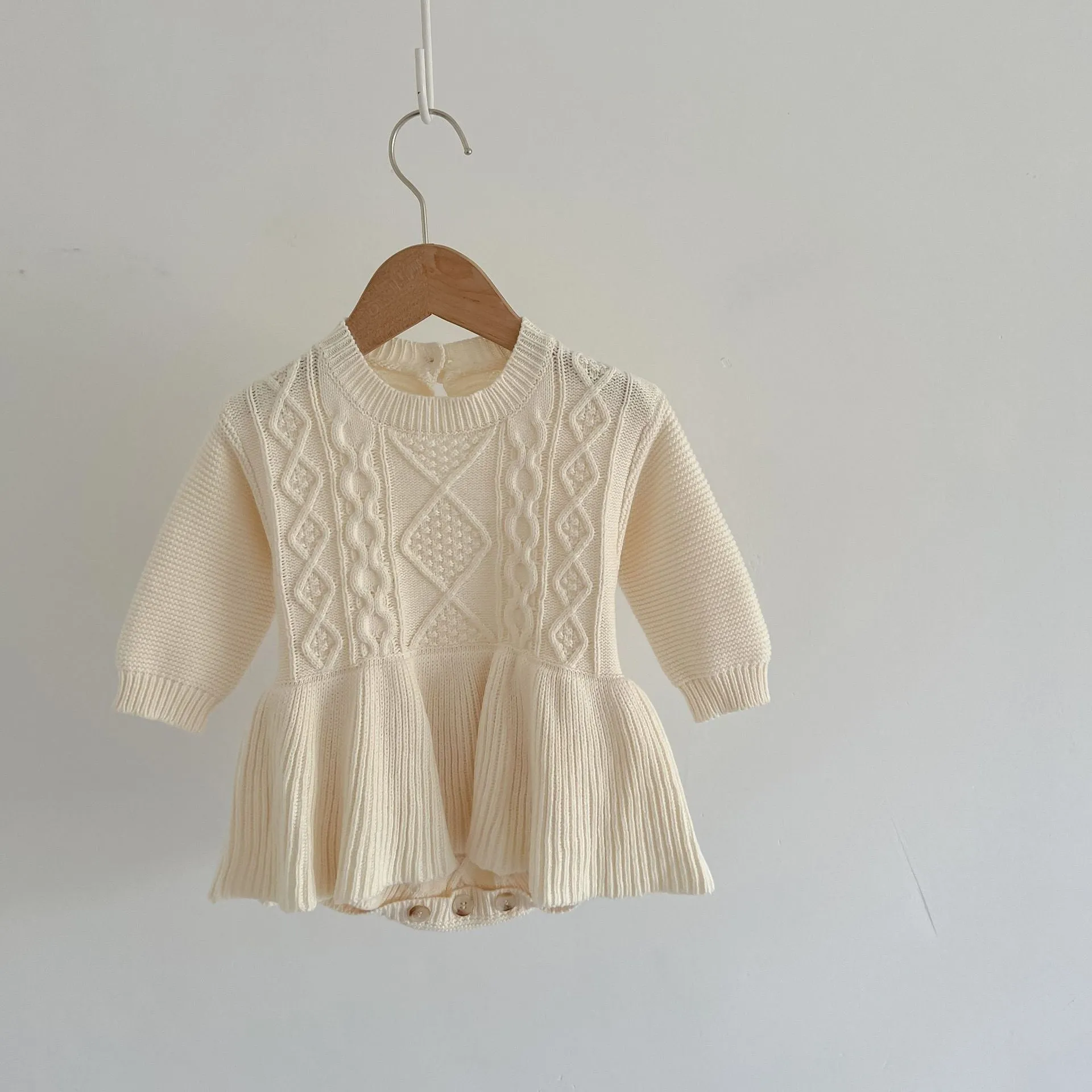 Girls Peplum Style Cable Knit Romper- Cream