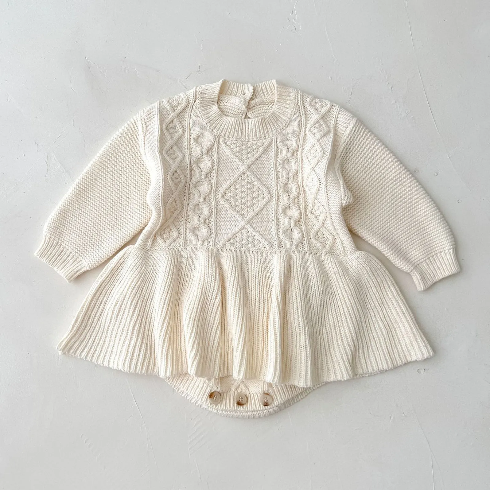 Girls Peplum Style Cable Knit Romper- Cream