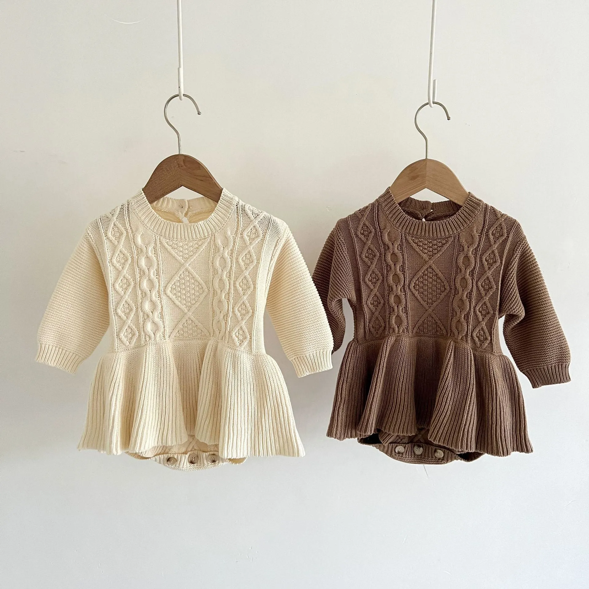 Girls Peplum Style Cable Knit Romper- Cream