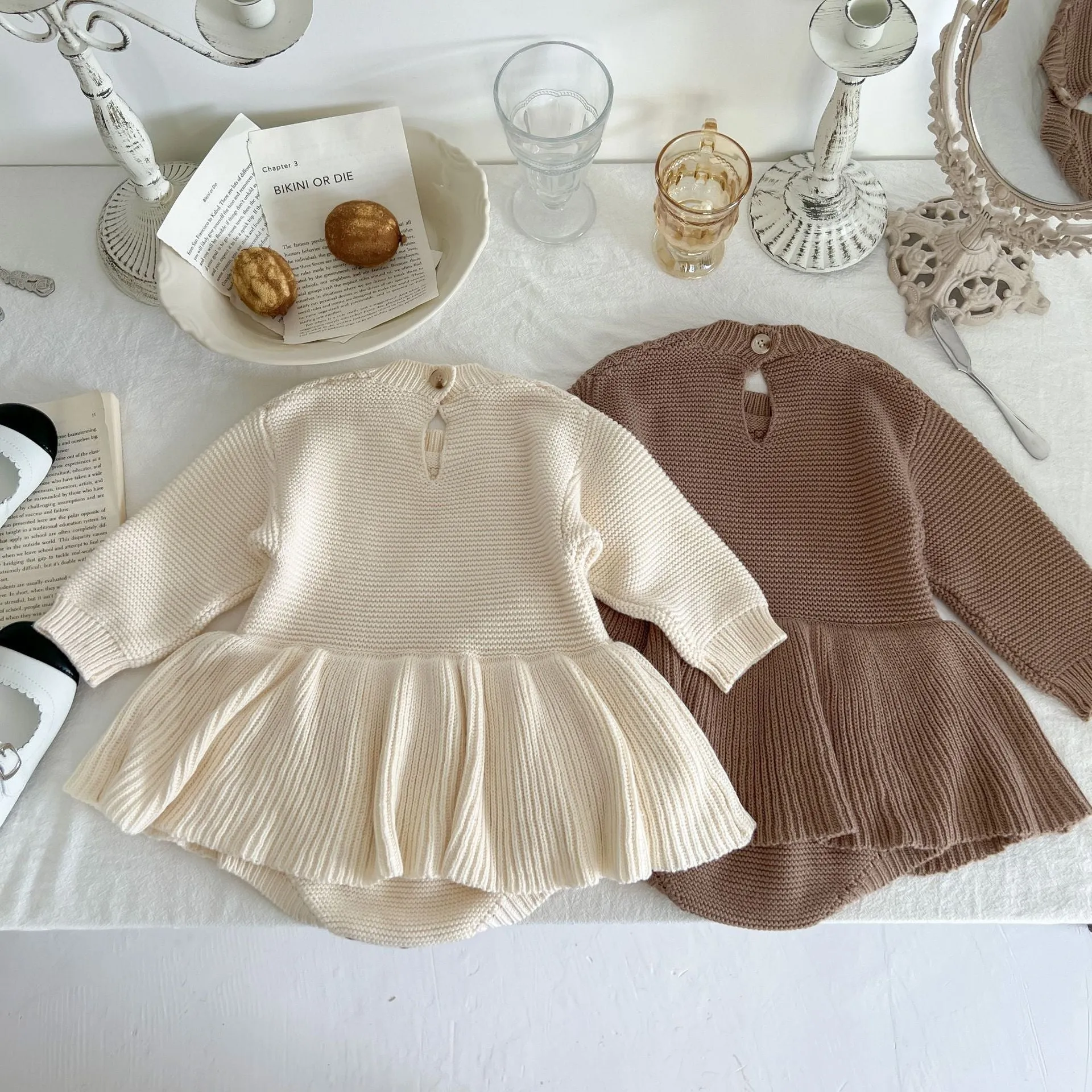 Girls Peplum Style Cable Knit Romper- Cream