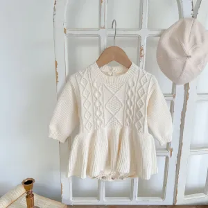 Girls Peplum Style Cable Knit Romper- Cream